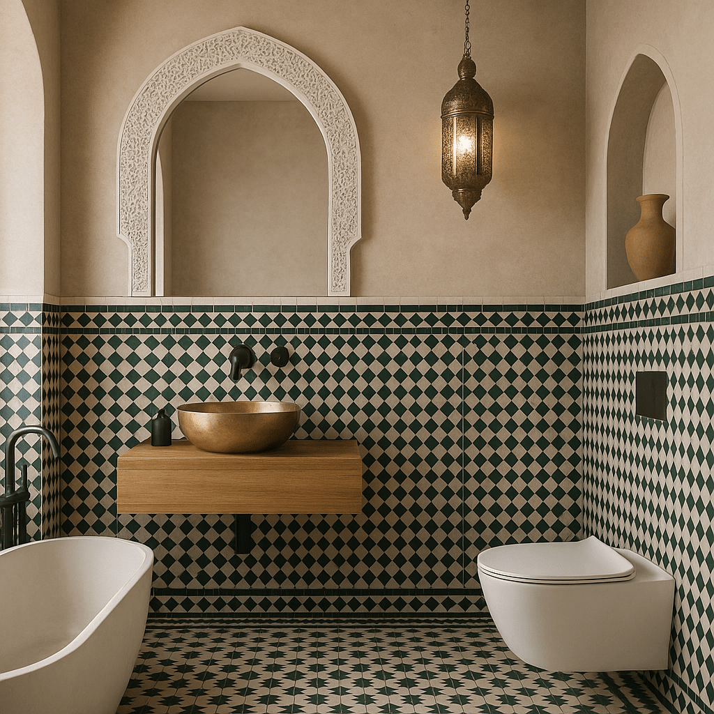 Ambiance de décoration marocaine 2025 dans une salle de bain élégante et artisanale